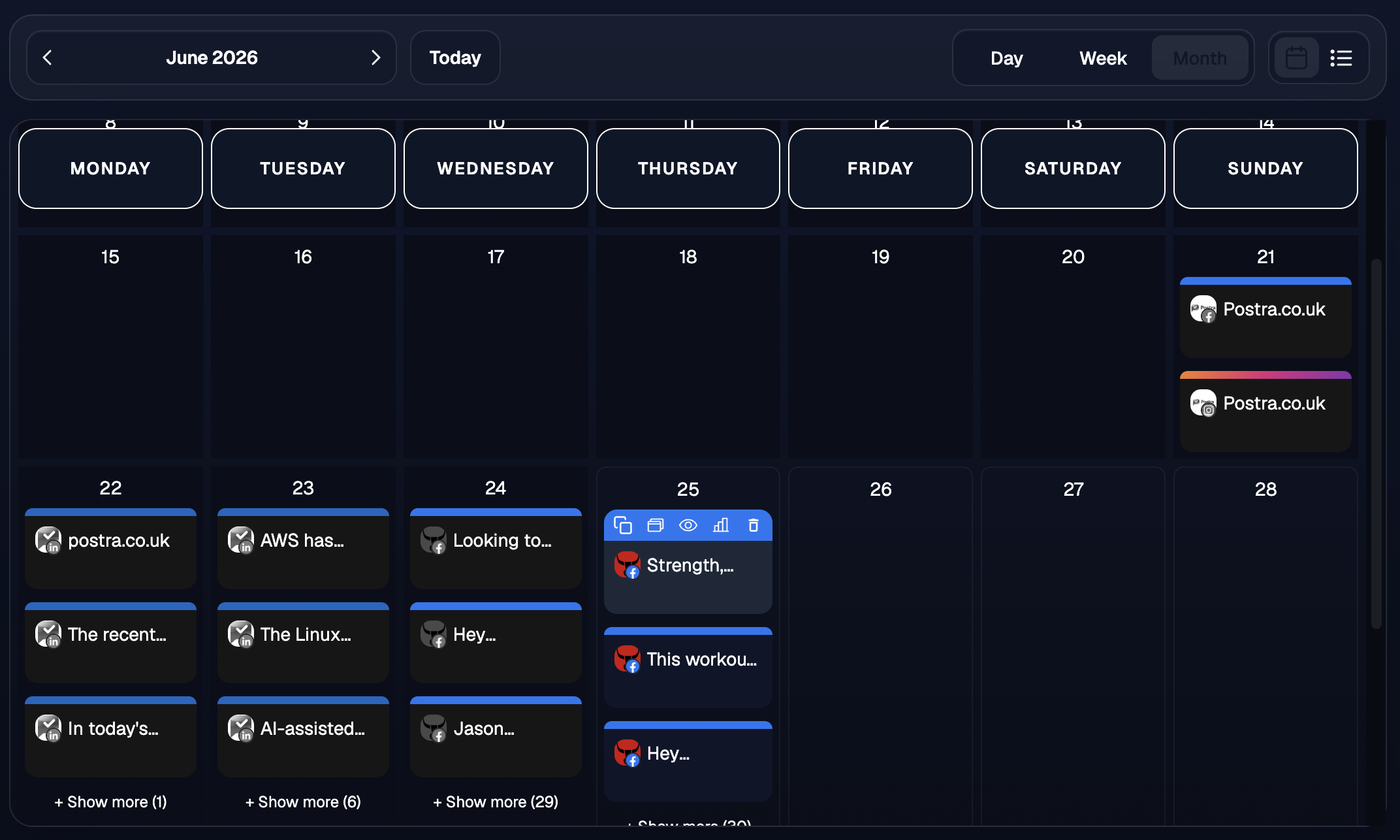 Postra calendar — a month of posts scheduled across every platform